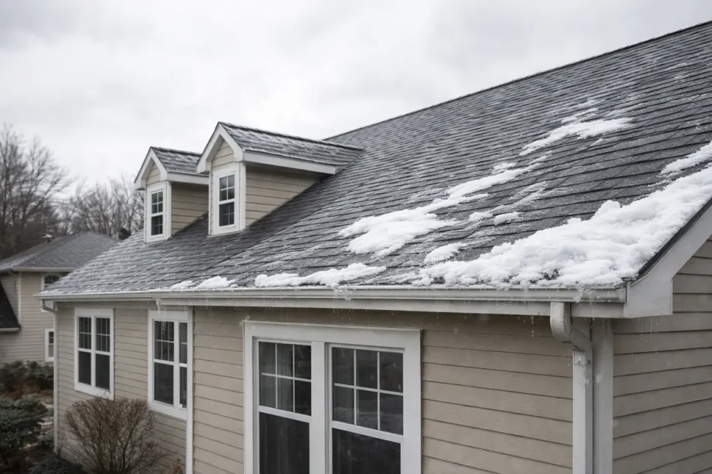 House with missing shingles and damaged siding after severe Waukesha storm