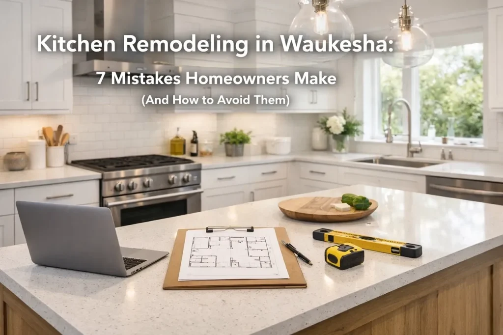 Modern Waukesha kitchen with white cabinets, island, and stainless appliances