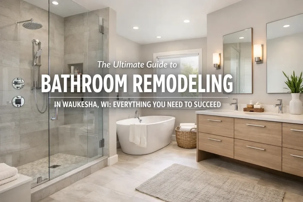 Remodeled bathroom with tiled shower, glass door, and white vanity cabinet