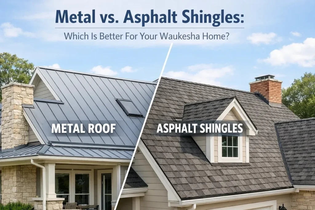 Roof section showing metal panels beside adjacent asphalt shingle surface