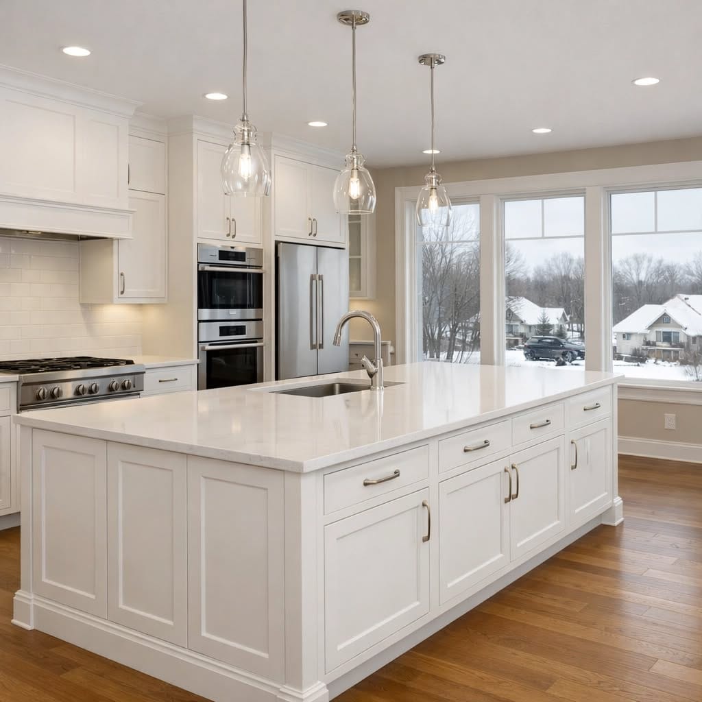 Waukesha kitchen remodel showcasing new cabinetry, peninsula seating, and pendant lights