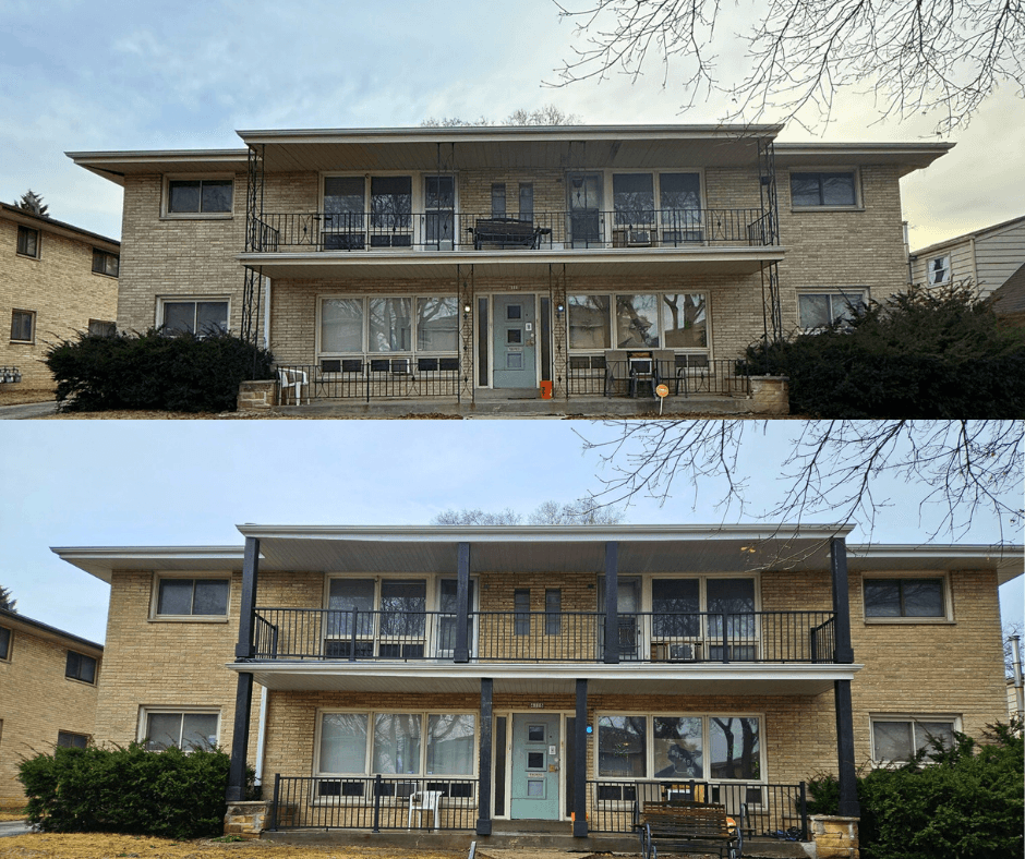 Carpenter installing new porch posts and railings on Milwaukee home entryway