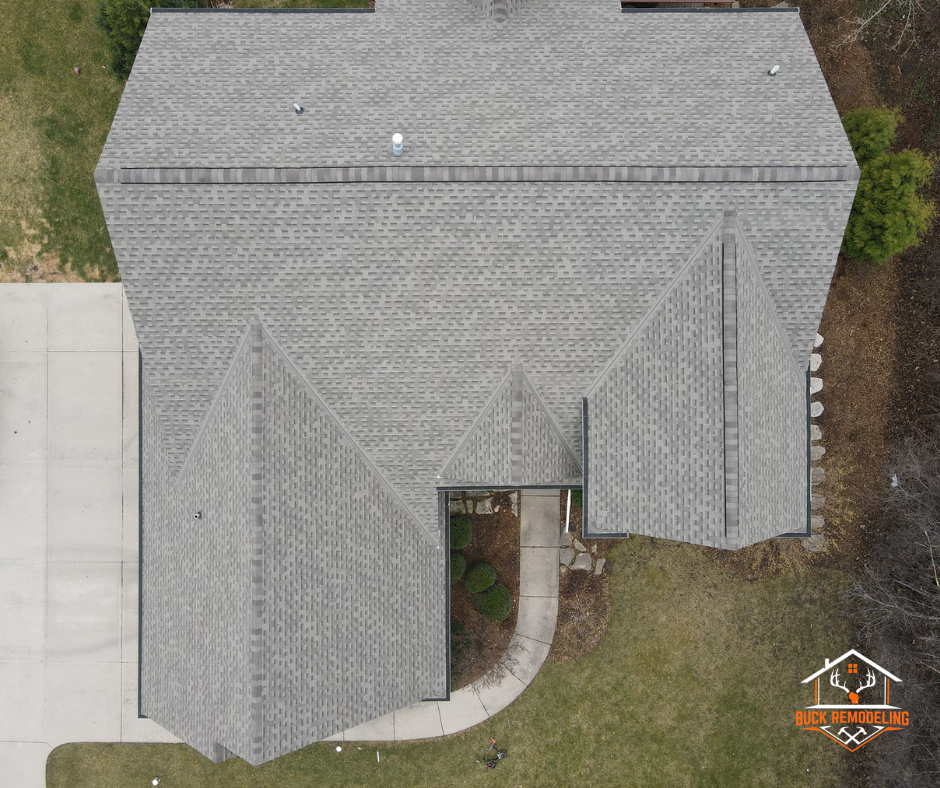 Roof Replacement overhead with Drone in Meonomonee Falls, WI