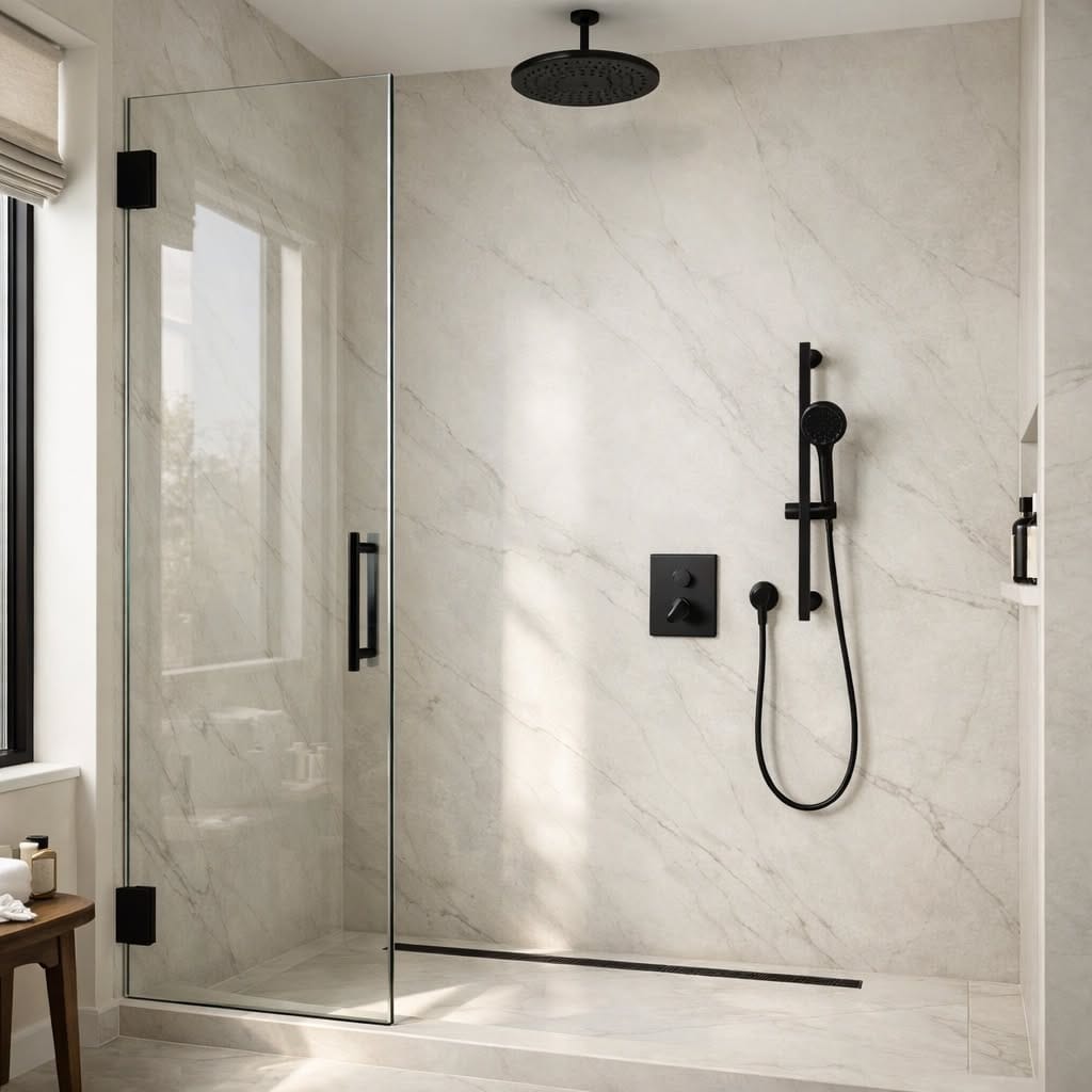 Close-up of renovated shower corner with contrasting accent tile strip