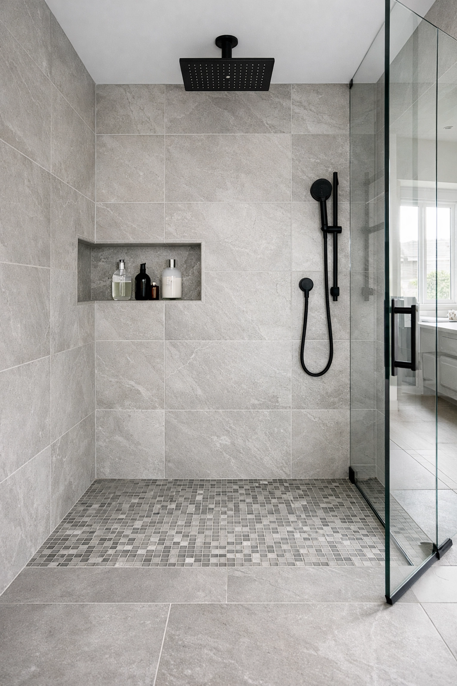 Spacious remodeled shower with rainfall showerhead and light stone-look tiles