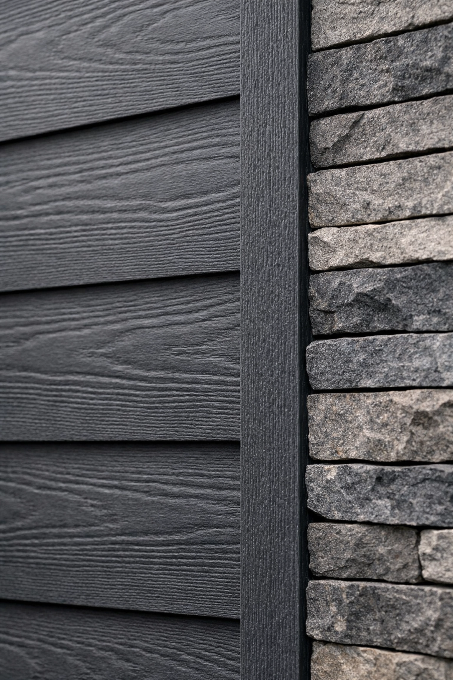 Close-up of gray siding panels aligned along freshly remodeled exterior wall